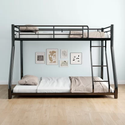 Elitezip Twin over Full Bunk Bed for Kids, Teens, Adults, Metal Low Bunk Bed Frame with Ladder and Full-Length Guardrail, Space-saving Bunk Beds for Bedroom, No Box Spring Needed, Noise Free, Black