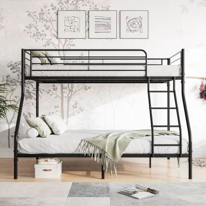 Elitezip Bunk Bed Twin Over Full, Metal Bunk Bed with Full-Length Guardrail and Ladder, Space-Saving Bunk Bed Frame for Kids, Teen, Adults, Noise Free, No Box Spring Needed, Easy Assembly