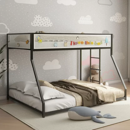 Elitezip Twin Over Full Bunk Bed with Mesh Guardrail, Sturdy Metal Bed Frame with Adjustable Ladder, Modern Bunk Beds for Kids, Boys, Girls, No Box Spring Needed, Noise Free, Black