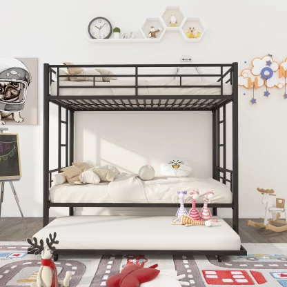 Elitezip Twin Over Twin Metal Bunk Bed with Trundle, Heavy Duty Twin Size Bunk Beds Frame with 2 Ladders and Safety Guardrails, Modern Bunk Bed for Kids, Teens, Adults, Boys, Girls, Noise Reduced
