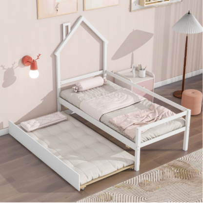 Elitezip Twin Daybed with Trundle, Wooden Platform Bed Frame with House-Shaped Headboard, Twin Size Sofa Bed for Kids, Teens, Adults, Space Saving Bed for Boy, Girl, No Box Spring Needed, White