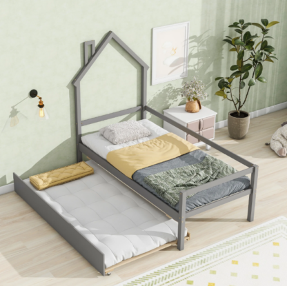 Elitezip Twin Daybed with Trundle, Wooden Platform Bed Frame with House-Shaped Headboard, Twin Size Sofa Bed for Kids, Teens, Adults, Space Saving Bed for Boy, Girl, No Box Spring Needed, Grey