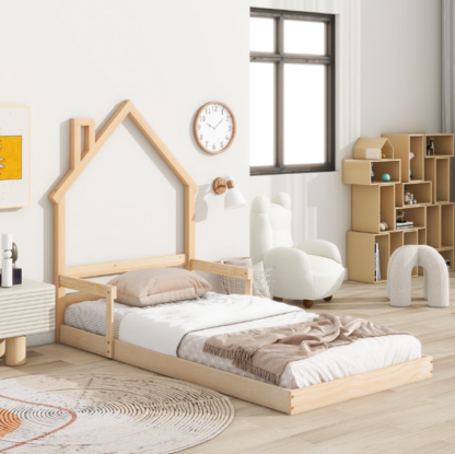 Elitezip Twin Kids Bed with House-Shaped Headboard, Twin Floor Bed with Solid Wood Slats, Twin Size Platform Bed Frame for Girls Boys, No Box Spring Needed, Natural