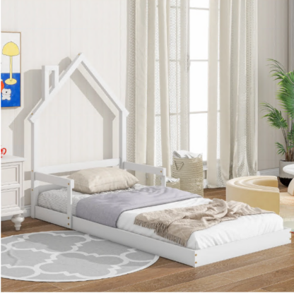 Elitezip Twin Kids Bed with House-Shaped Headboard, Twin Floor Bed with Solid Wood Slats, Twin Size Platform Bed Frame for Girls Boys, No Box Spring Needed, White