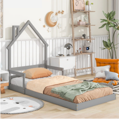 Elitezip Twin Kids Bed with House-Shaped Headboard, Twin Floor Bed with Solid Wood Slats, Twin Size Platform Bed Frame for Girls Boys, No Box Spring Needed, Grey