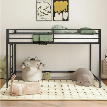 Elitezip Metal Twin Size Loft Bed Frame with Ladder and Guardrail, Space-Saving Loft Bed for Childroom, Bedroom, Twin Loft Bed for Kids, Teens, Boys, Girls, No Box Spring Needed, Black