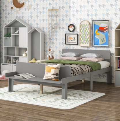 Elitezip Full Platform Bed with Bed-End Bench, Wooden Bed Frame with Headboard and Footboard Bench, Full Bed Frame with Slats Support, Storage Bed for Kids, Teens, Girls, Boys, No Box Spring Needed