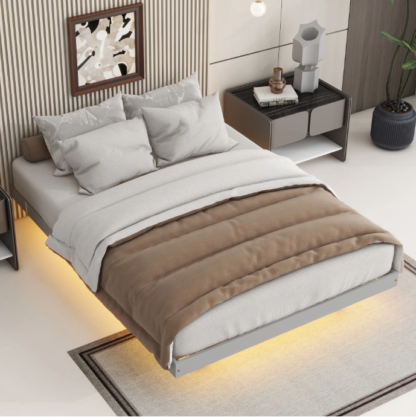 Elitezip Full Size Bed Frame, Floating Bed Frame with LED Lights Underneath, Platform Bed Frame, Wood Slats Support, Bed Frame for Kids, Teens, Adults, Noise Free, No Box Spring Needed, Grey