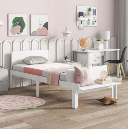 Elitezip Twin Platform Bed with Bed-End Bench, Wood Bed Frame with Headboard and Footboard Bench, Twin Bed Frame with Slats Support, Storage Bed for Kids, Teens, Boys, Girls, No Box Spring Needed