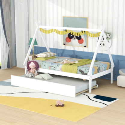 Elitezip Twin Size Tent Bed for Kids, Twin Size Floor Bed with Trundle, Wood Montessori Bed with Slats Support, Modern Bed Frame for Girls Boys Bedroom Furniture, White
