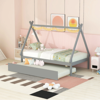 Elitezip Twin Size Tent Bed for Kids, Twin Size Floor Bed with Trundle, Wood Montessori Bed with Slats Support, Modern Bed Frame for Girls Boys Bedroom Furniture, Grey