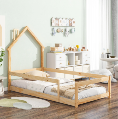 Elitezip Twin Size Montessori Toddler Floor Bed Frame, Modern House-Shaped Frame Headboard Bed with Fences, Pine Wood and Full-Length Guardrails, Floor Bed for Girls Boys(without Slats), Natural
