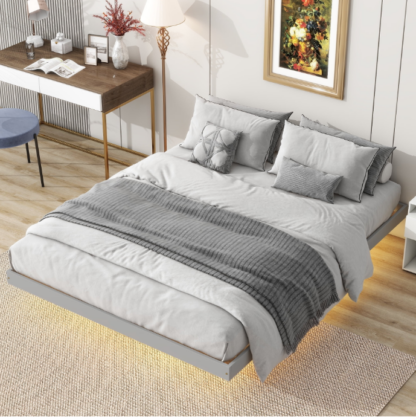 Elitezip Queen Size Bed Frame, Floating Bed Frame with LED Lights Underneath, Platform Bed Frame, Wood Slats Support, Bed Frame for Kids, Teens, Adults, Noise Free, No Box Spring Needed, Grey