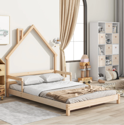 Elitezip Full Kids Bed with House-Shaped Headboard, Full Floor Bed with Solid Wood Slats, Full Size Platform Bed Frame for Girls Boys, No Box Spring Needed, Natural