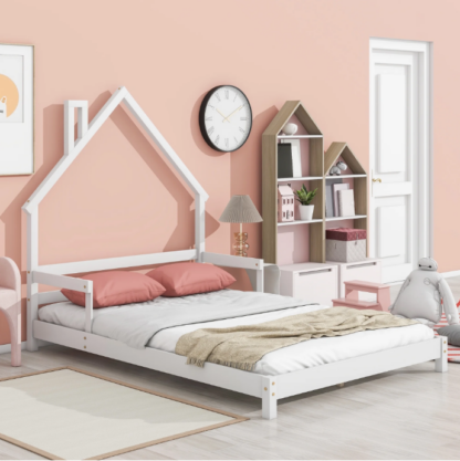 Elitezip Full Kids Bed with House-Shaped Headboard, Full Floor Bed with Solid Wood Slats, Full Size Platform Bed Frame for Girls Boys, No Box Spring Needed, White