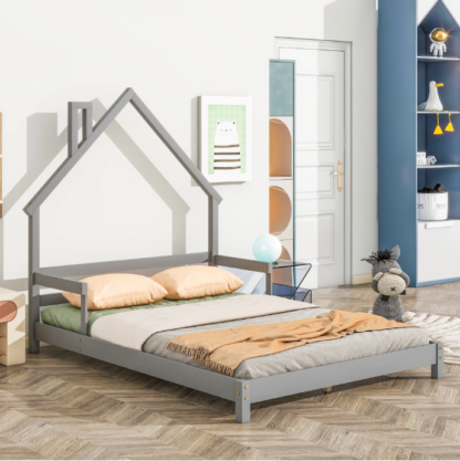 Elitezip Full Kids Bed with House-Shaped Headboard, Full Floor Bed with Solid Wood Slats, Full Size Platform Bed Frame for Girls Boys, No Box Spring Needed, Grey