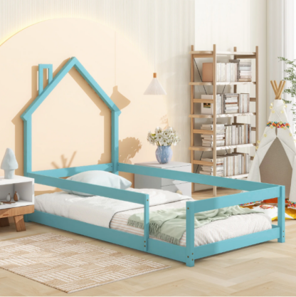 Elitezip Twin Size Montessori Toddler Floor Bed Frame, Modern House-Shaped Frame Headboard Bed with Fences, Pine Wood and Full-Length Guardrails, Floor Bed for Girls Boys(without Slats), Blue