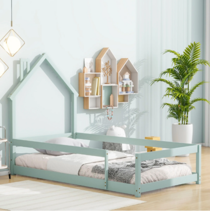 Elitezip Twin Size Montessori Toddler Floor Bed Frame, Modern House-Shaped Frame Headboard Bed with Fences, Pine Wood and Full-Length Guardrails, Floor Bed for Girls Boys(without Slats), Green