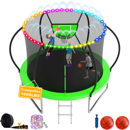 Elitezip 1500LBS Trampoline for Adults and Kids, 8 10 12 14 16FT Trampoline with Enclosure Net, Basketball Hoop, Light, Sprinkler, Balls and Ladder, No Gap Design Backyard Trampoline, Easy to Install