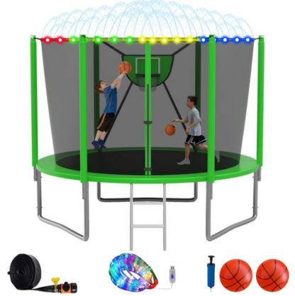 Elitezip Trampoline, 1000LBS 10FT Trampoline for Kids Adults, Trampoline with Enclosure Net, Basketball Hoop, Light, Sprinkler, Ladder, Galvanized Anti-Rust Coating Backyard Recreational Trampoline
