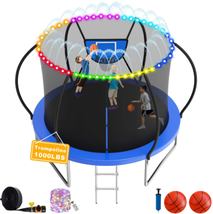 Elitezip 1500LBS Trampoline for Adults and Kids, 8 10 12 14 16FT Trampoline with Enclosure Net, Basketball Hoop, Light, Sprinkler, Balls and Ladder, No Gap Design Backyard Trampoline, Easy to Install
