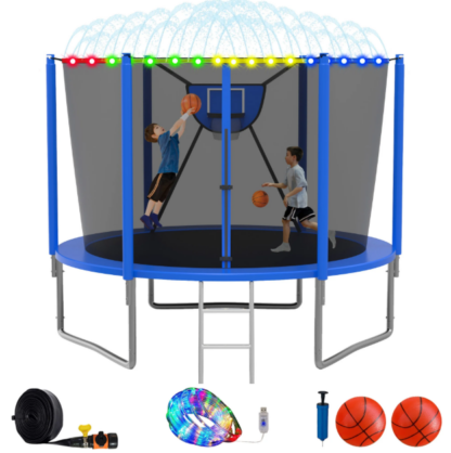 Elitezip Trampoline, 1000LBS 10FT Trampoline for Kids Adults, Trampoline with Enclosure Net, Basketball Hoop, Light, Sprinkler, Ladder, Galvanized Anti-Rust Coating Backyard Recreational Trampoline