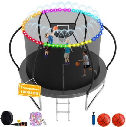 Elitezip 1500LBS Trampoline for Adults and Kids, 8 10 12 14 16FT Trampoline with Enclosure Net, Basketball Hoop, Light, Sprinkler, Balls and Ladder, No Gap Design Backyard Trampoline, Easy to Install