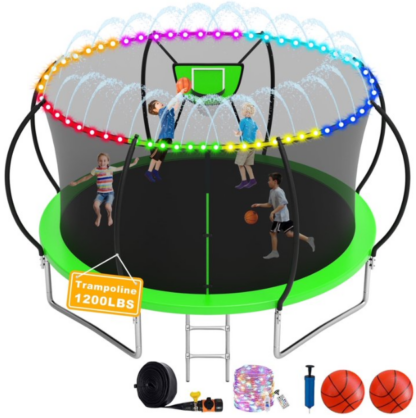 Elitezip 1500LBS Trampoline for Adults and Kids, 8 10 12 14 16FT Trampoline with Enclosure Net, Basketball Hoop, Light, Sprinkler, Balls and Ladder, No Gap Design Backyard Trampoline, Easy to Install