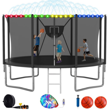 Elitezip Trampoline, 1200LBS 12FT Trampoline for Kids Adults, Trampoline with Enclosure Net, Basketball Hoop, Light, Sprinkler, Ladder, Galvanized Anti-Rust Coating Backyard Recreational Trampoline