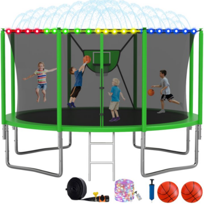 Elitezip Trampoline, 1400LBS 14FT Trampoline for Kids Adults, Trampoline with Safety Enclosure Net, Basketball Hoop, LED Light, Sprinkler and Ladder, Outdoor Backyard Trampoline, Easy to Install