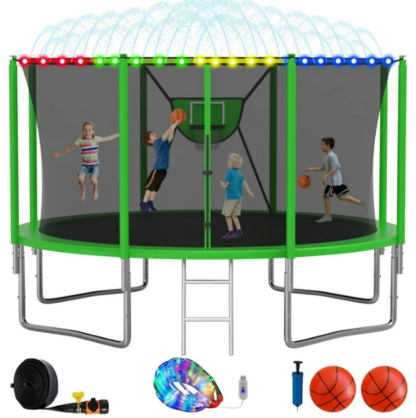 Elitezip Trampoline, 1500LBS 16FT Trampoline for Kids Adults, Trampoline with Enclosure Net, Basketball Hoop, Light, Sprinkler, Ladder, Galvanized Anti-Rust Coating Backyard Recreational Trampoline