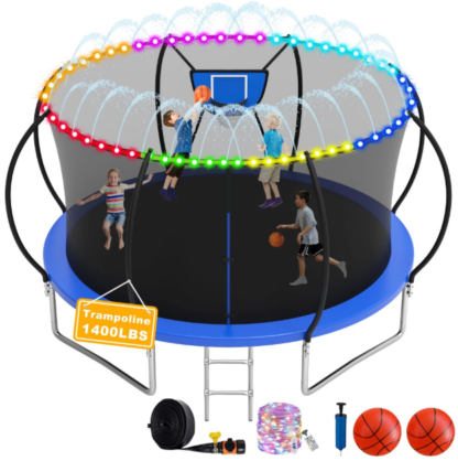 Elitezip 1500LBS Trampoline for Adults and Kids, 8 10 12 14 16FT Trampoline with Enclosure Net, Basketball Hoop, Light, Sprinkler, Balls and Ladder, No Gap Design Backyard Trampoline, Easy to Install