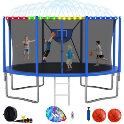 Elitezip Trampoline, 1500LBS 16FT Trampoline for Kids Adults, Trampoline with Enclosure Net, Basketball Hoop, Light, Sprinkler, Ladder, Galvanized Anti-Rust Coating Backyard Recreational Trampoline
