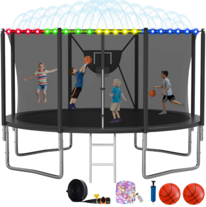 Elitezip Trampoline, 1400LBS 14FT Trampoline for Kids Adults, Trampoline with Safety Enclosure Net, Basketball Hoop, LED Light, Sprinkler and Ladder, Outdoor Backyard Trampoline, Easy to Install