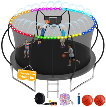 Elitezip 1500LBS Trampoline for Adults and Kids, 8 10 12 14 16FT Trampoline with Enclosure Net, Basketball Hoop, Light, Sprinkler, Balls and Ladder, No Gap Design Backyard Trampoline, Easy to Install