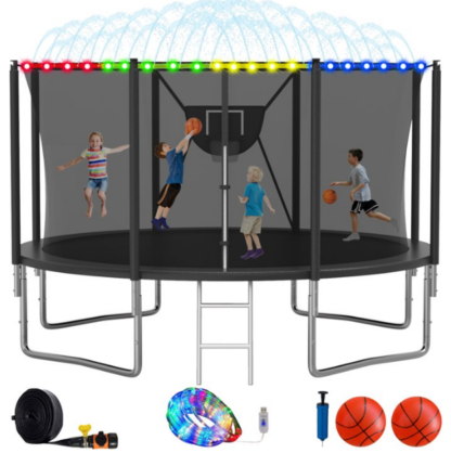 Elitezip Trampoline, 1500LBS 16FT Trampoline for Kids Adults, Trampoline with Enclosure Net, Basketball Hoop, Light, Sprinkler, Ladder, Galvanized Anti-Rust Coating Backyard Recreational Trampoline
