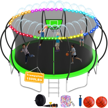 Elitezip 1500LBS Trampoline for Adults and Kids, 8 10 12 14 16FT Trampoline with Enclosure Net, Basketball Hoop, Light, Sprinkler, Balls and Ladder, No Gap Design Backyard Trampoline, Easy to Install