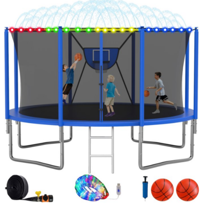 Elitezip Trampoline, 1200LBS 12FT Trampoline for Kids Adults, Trampoline with Enclosure Net, Basketball Hoop, Light, Sprinkler, Ladder, Galvanized Anti-Rust Coating Backyard Recreational Trampoline