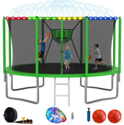 Elitezip Trampoline, 1200LBS 12FT Trampoline for Kids Adults, Trampoline with Enclosure Net, Basketball Hoop, Light, Sprinkler, Ladder, Galvanized Anti-Rust Coating Backyard Recreational Trampoline