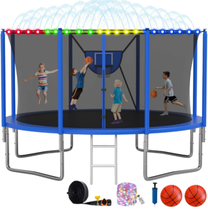Elitezip Trampoline, 1400LBS 14FT Trampoline for Kids Adults, Trampoline with Safety Enclosure Net, Basketball Hoop, LED Light, Sprinkler and Ladder, Outdoor Backyard Trampoline, Easy to Install