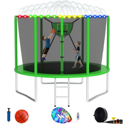 Elitezip Trampoline with Enclosure Net, 10FT 12FT 14FT 16FT Trampoline Outdoor for 5-6 Kids, 1500LBS Trampolines with Basketball Hoop, Light, Sprinkler, Backyard Trampolines for Adults, No Gap Design