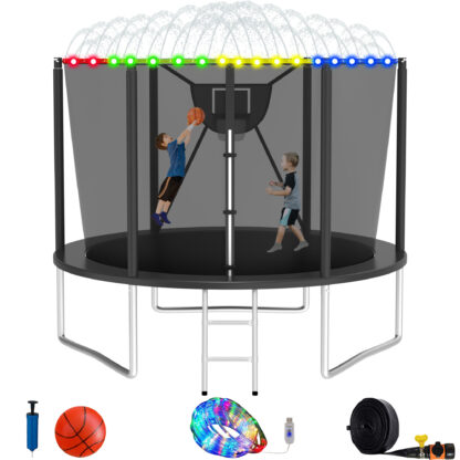 Elitezip Trampoline with Enclosure Net, 10FT 12FT 14FT 16FT Trampoline Outdoor for 2-3 Kids, 1000LBS Trampolines with Basketball Hoop, Light, Sprinkler, Backyard Trampolines for Adults, No Gap Design