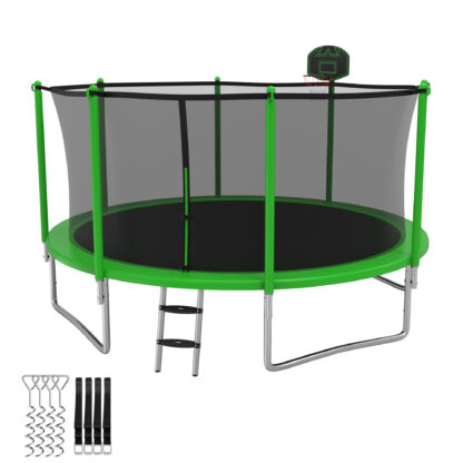 Elitezip Trampolines 14FT 15FT 16FT, Trampolines for 4-6 Kids/1-2 Adults, 1400LBS Outdoor Trampolines with Enclosure Net, Basketball Hoop, Ladder, Heavy Duty Recreational Trampoline, Fast Assembly