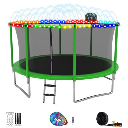 Elitezip Trampolines 14FT, Trampolines for 4-6 Kids/1-2 Adults, 1400LBS Outdoor Trampolines with Enclosure Net, Basketball Hoop, Lights, Sprinkler, Heavy Duty Recreational Trampoline Backyard, Black