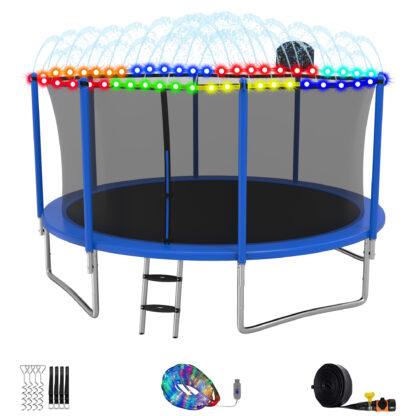 Elitezip Trampolines 14FT, Trampolines for 4-6 Kids/1-2 Adults, 1400LBS Outdoor Trampolines with Enclosure Net, Basketball Hoop, Lights, Sprinkler, Heavy Duty Recreational Trampoline Backyard, Black