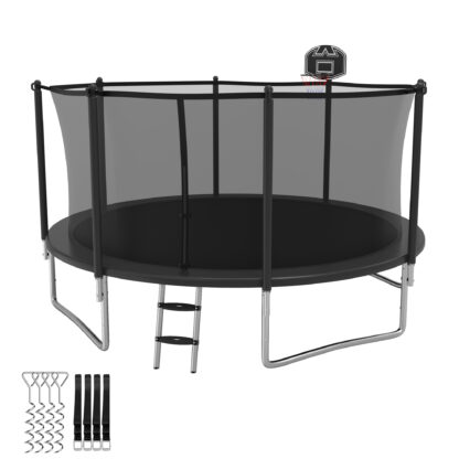 Elitezip Trampolines 14FT 15FT 16FT, Trampolines for 4-6 Kids/1-2 Adults, 1400LBS Outdoor Trampolines with Enclosure Net, Basketball Hoop, Ladder, Heavy Duty Recreational Trampoline, Fast Assembly