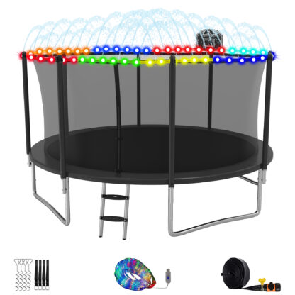 Elitezip Trampolines 14FT, Trampolines for 4-6 Kids/1-2 Adults, 1400LBS Outdoor Trampolines with Enclosure Net, Basketball Hoop, Lights, Sprinkler, Heavy Duty Recreational Trampoline Backyard, Black