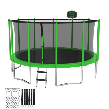 Elitezip Trampolines 14FT 15FT 16FT, Trampolines for 4-6 Kids/1-2 Adults, 1400LBS Outdoor Trampolines with Enclosure Net, Basketball Hoop, Ladder, Heavy Duty Recreational Trampoline, Fast Assembly