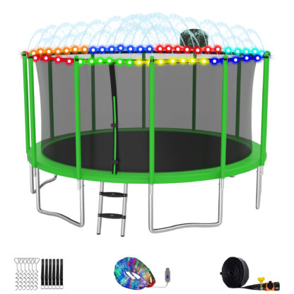Elitezip Trampolines with Basketball Hoop, 15FT Trampoline for Kids and Adults, Outdoor Trampoline with Safety Enclosure Net, Lights, Sprinkler, 1500LBS Heavy Duty Recreational Backyard Trampoline