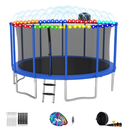 Elitezip Trampolines for 5-6 Kids, 14FT 16FT Outdoor Trampolines for Adults with Safety Enclosure Net, Basketball Hoop, Lights, Sprinkler, 1500LBS Heavy Duty Recreational Backyard Trampoline, Blue